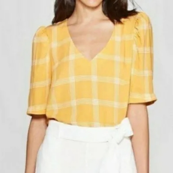A New Day | Bright Yellow & White Grid Plaid V-neck Blouse Size Medium - Picture 2 of 6